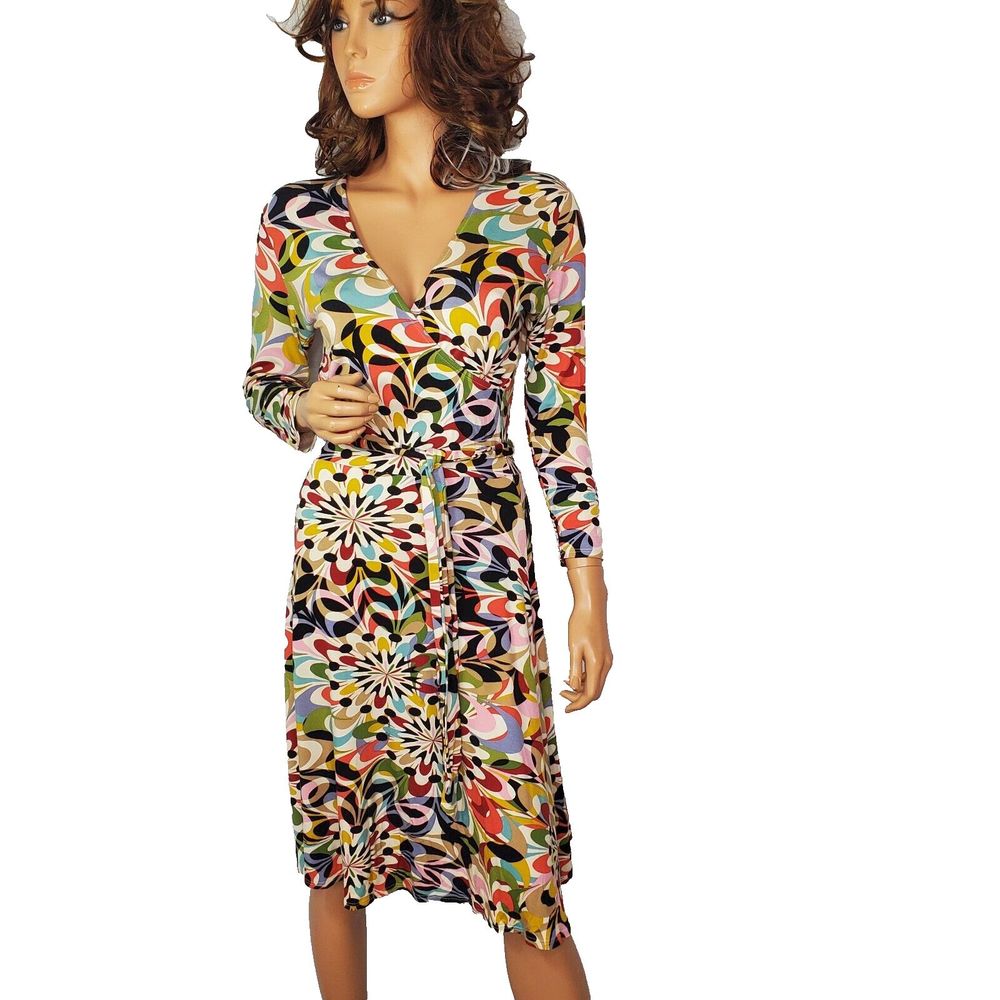 Leota New York Colorful Abstract Starburst Bright Jersey Faux Wrap LS Dress Sm